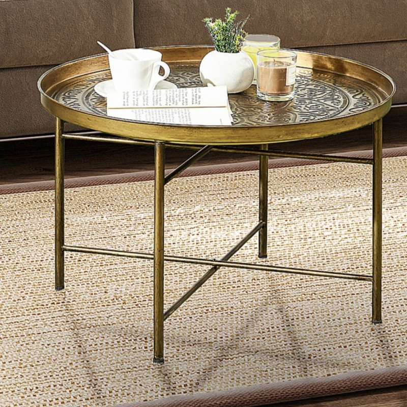 Table basse ronde 24 po, plateau central en métal martelé doré, table d'appoint multifonctionnelle pour le salon, la chambre à coucher
