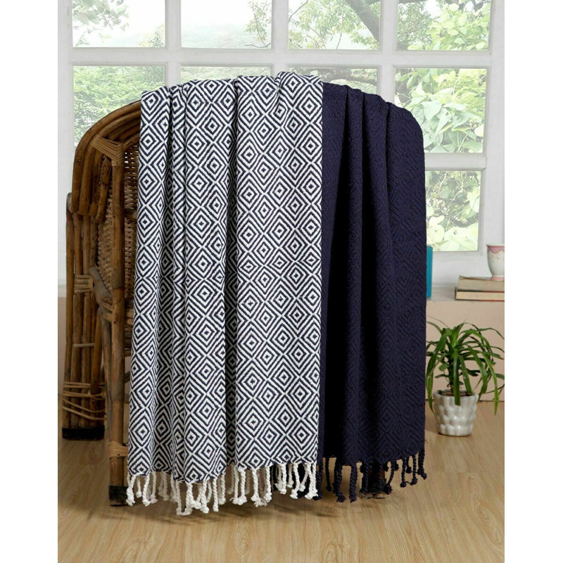 Navy and White Chevron Cotton Throw Blanket Set