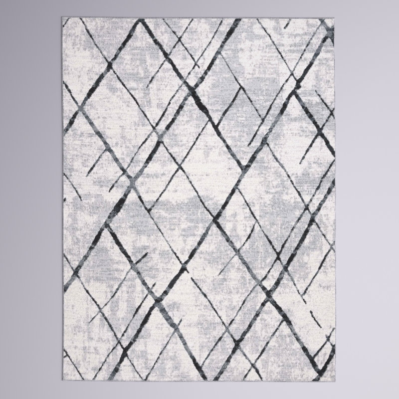 Asan Geometric Machine Woven Polyester Area Rug in Gray/Black, Rectangle 9' x 12'
