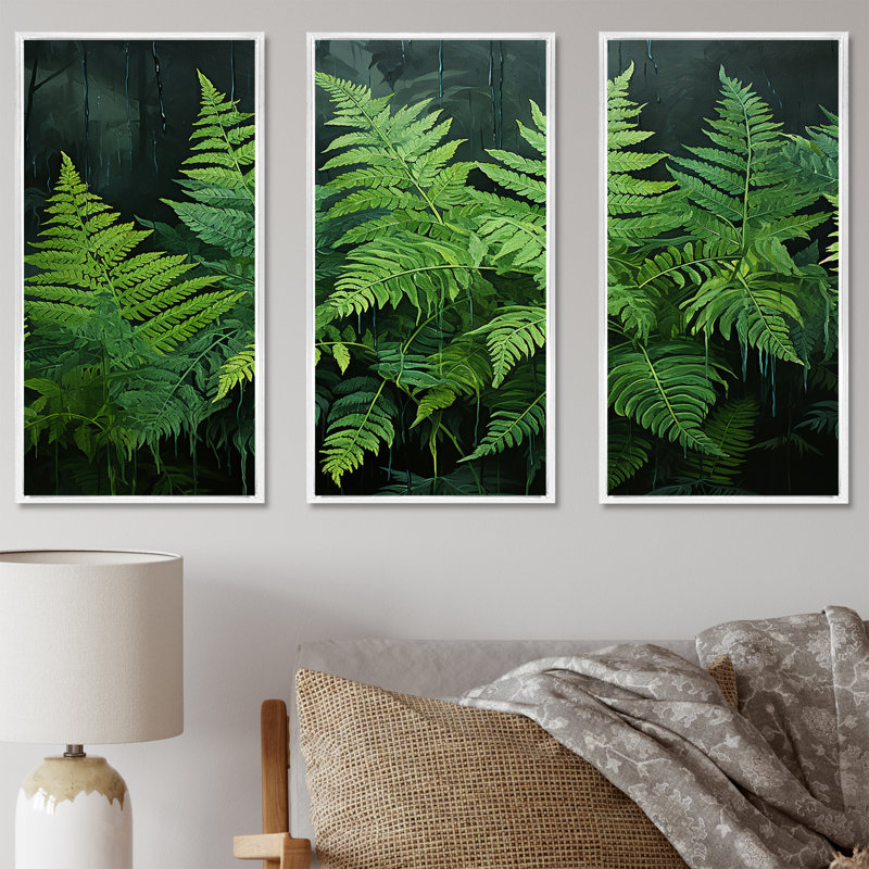 Emerald Green Ferns Forest I - Plants, ensemble d'art sur toile, H 28 po x l 36 po x P 1 po, Cadre flottant blanc