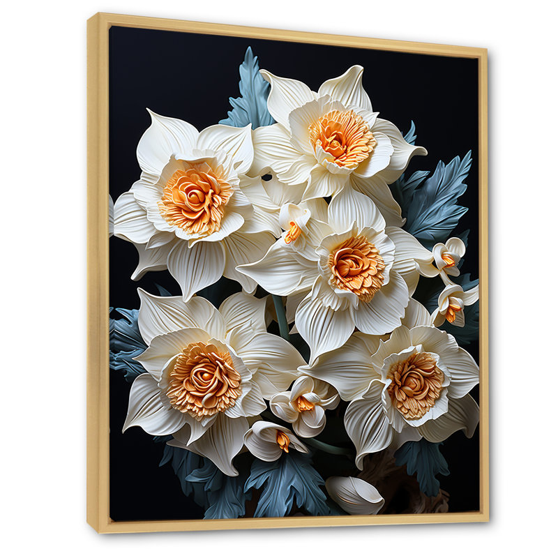 «White Orange Daffodils Bloossom I» sur toile, Cadre naturel flottant, H 44 po x l 34 po x P 1,5 po