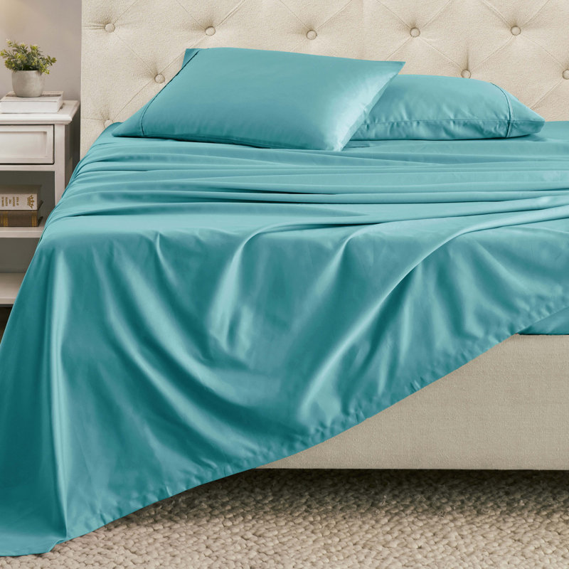 Ensemble de draps en mélange de coton 1500 fils Superior, Bleu sarcelle, Ensemble de draps pour très grand lit avec 2 taie