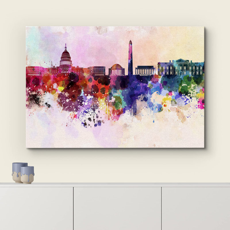 Horizon coloré de Washington City en arrière-plan aquarelle BE03, H 12 po x l 18 po, Toile tendue