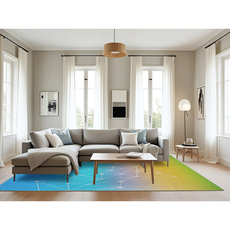 Tapis bleu/vert à motifs, Rectangle 8 pi x 10 pi