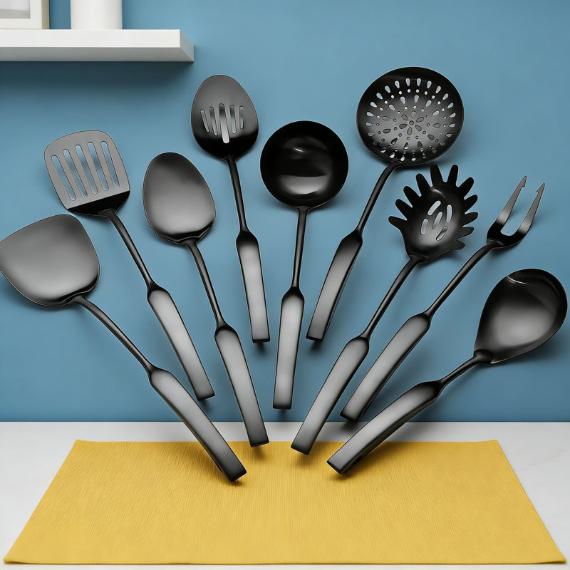 Ensemble d'ustensiles de cuisine 9 pièces en acier inoxydable - Outils de cuisine en acier inoxydable de qualité professionnelle 304 avec poignées en bois massif pour la cuisson, la friture et le service