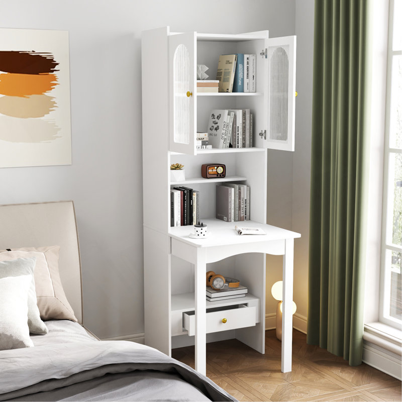 Fold-Out Convertible Writing Table,  Desk Cabinet With Shelf And Drawer Multi-Function Home Office Workstation, White