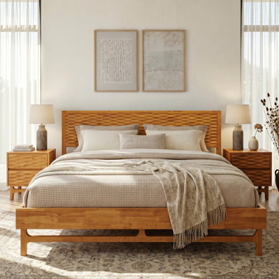 Base de lit plateforme en bois massif de qualité supérieure de qualité supérieure, finition caramel avec tête de lit sculptée de style Mid-Century, capacité de 800 lb, support de matelas, aucun sommier nécessaire