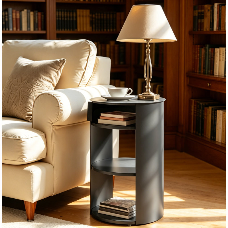 Table d'appoint ronde d'intérieur en métal à 3 niveaux avec armoire à porte coulissante, Noir mat