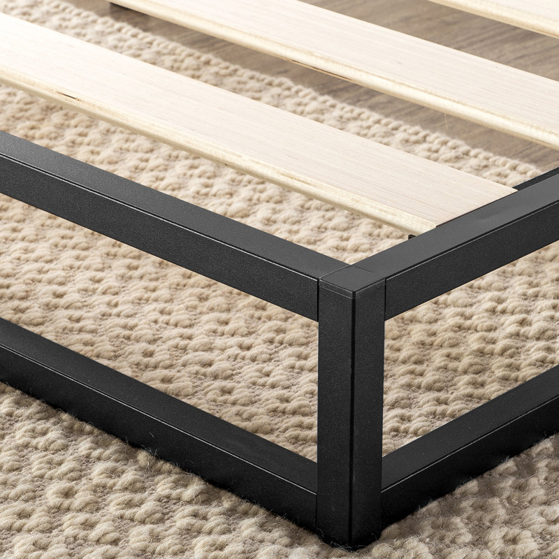 Modern Black Metal Queen Platform Bed Frame with Wooden Slats
