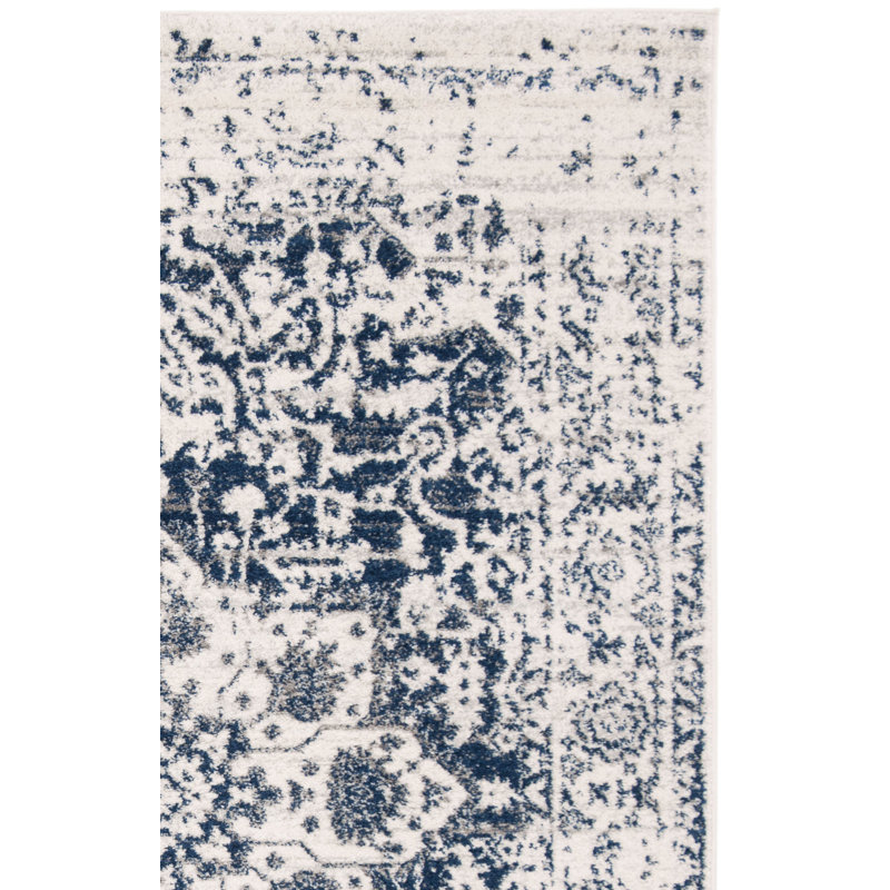 Tapis oriental iranien crème / bleu marine, Rectangle 6 pi 7 po x 9 pi 2 po