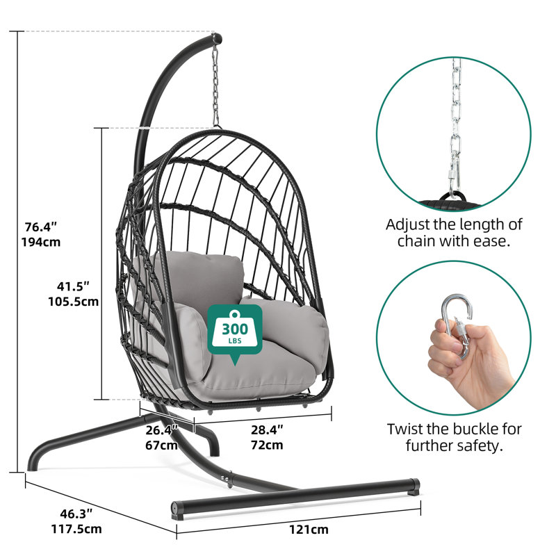  Hanging Egg Chair With Stand, Gray, Black