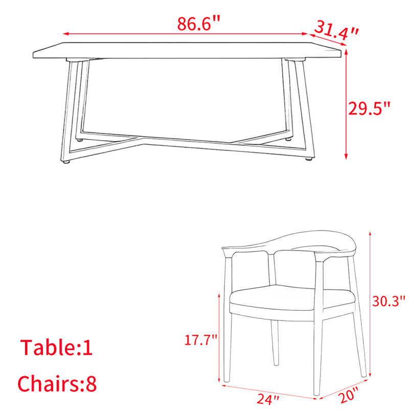 Ensemble de table de salle à manger en bois massif de style américain, H 29,5 po x L 86,6 po x l 31,4 po