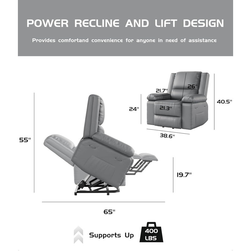 Power Lift Recliner, PU Leather Electric Lift Chair Designed For The Elderly And People With Mobility Impaired, Gray