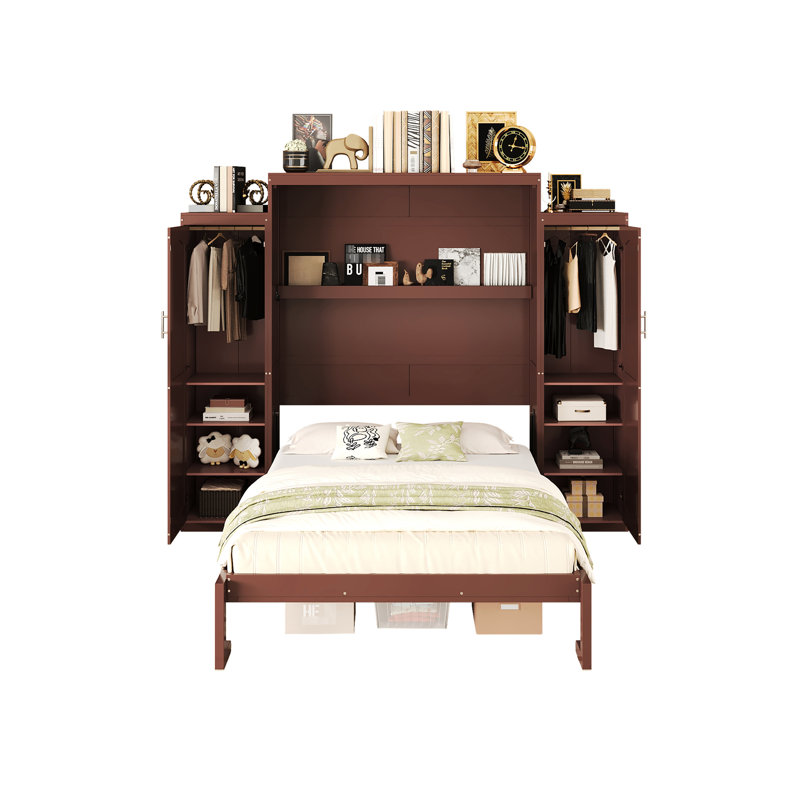 Grand lit pliable avec 2 grands garde-robes et rangement extensible, espaces de rangement ouverts en bois pour chambre d'amis, lit plateforme