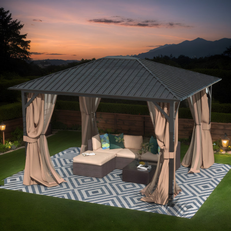 Pavillon de jardin robuste en métal 10 x 12 avec moustiquaire, pergola à toit rigide en acier galvanisé pour patio, jardin, cour arrière