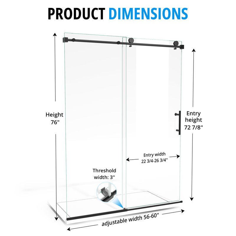 Porte de douche coulissante sans cadre l 56 à 60 po x H 76 po en verre trempé 3/8 po (10 mm) et quincaillerie en acier inoxydable, noir mat