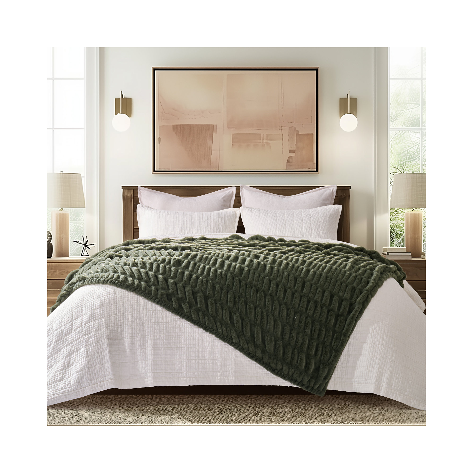 Ruched Bubble Faux Fur Throw Blanket, 50" W x 60" L, Loden Green