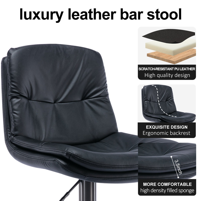 Bassilly Bar Stool,Titanium Stainless Steel Adjustable Faux Leather Barchair With Mid-back, Black