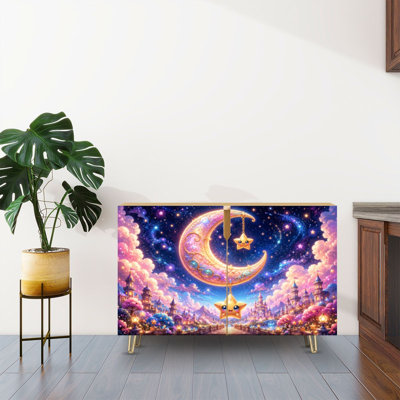Sideboard Buffet Cabinet with Storage Cute Kawaii Star Crescent Moon Glittering Night Sky Fantasy Castle with 2 Doors for Living Room and Kitchen