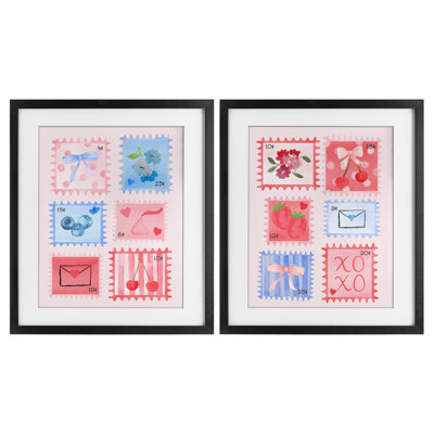 Adorable timbres bleu et rose, ensemble de 2 reproductions encadrées sous verre, design par Nina Jacobs
