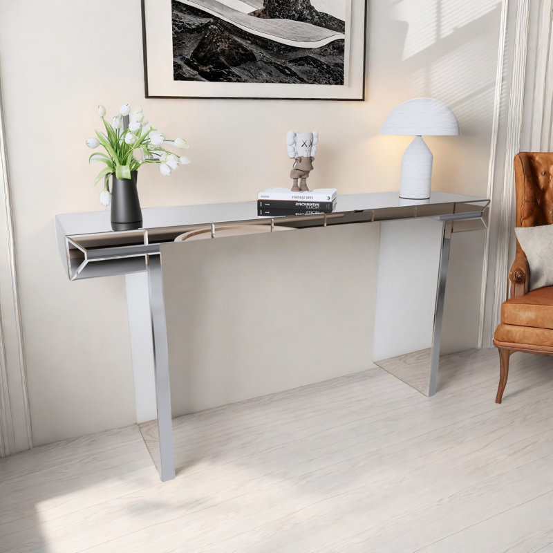 Luxury Full-length Mirror Console Table With Fluted Tempered Glass And Rounded Edge