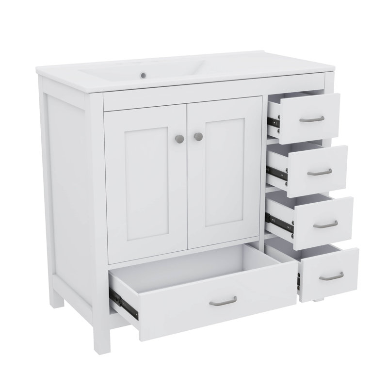 Meuble-lavabo de salle de bain pratique 36 tiroirs 36 po avec évier, Nickel brossé, Blanc