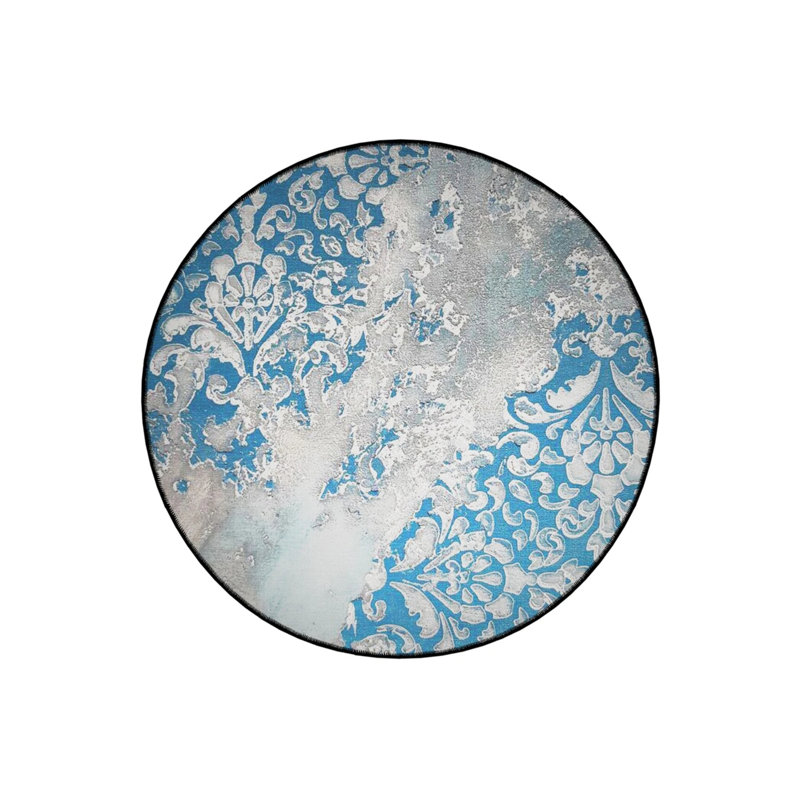 Blue Gray Themed Motif Traditional Patterned Round Woven Base Vintage Decorative Carpet, Round 5'