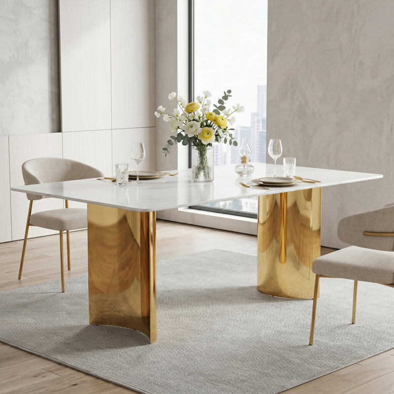 Maghan Metal Base Dining Table, 39.32" W x 71.01" L, White, Gold