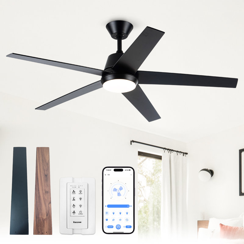  Ventilateur de plafond intelligent à intensité variable de 52 po avec 3 lumières à DEL CCT, APP et télécommande, moteur à courant continu réversible à 6 vitesses, pales de bois à double face, minuterie, tiges verticales de 6 po / 10 po