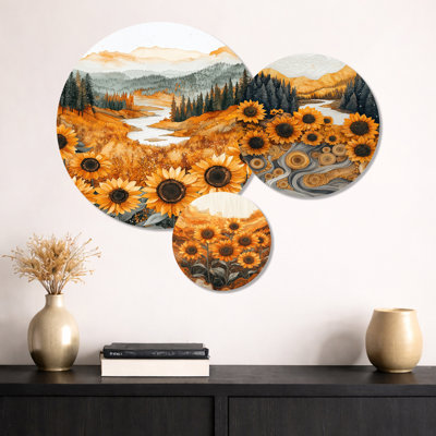 Autrum Sunflowers Field Into The Woods I – Floral 3 Piece Metal Wall Decor