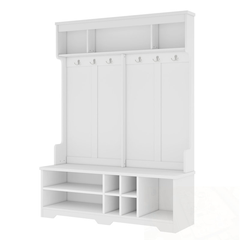 Hall Tree With Metal Hooks And Storage Space, White