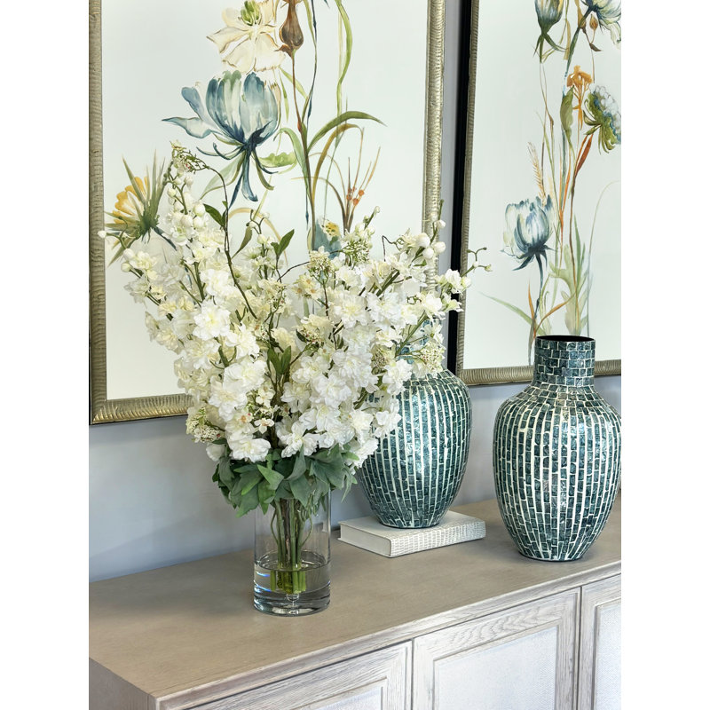 Delphinium And Cherry Blossom In Glass Vase