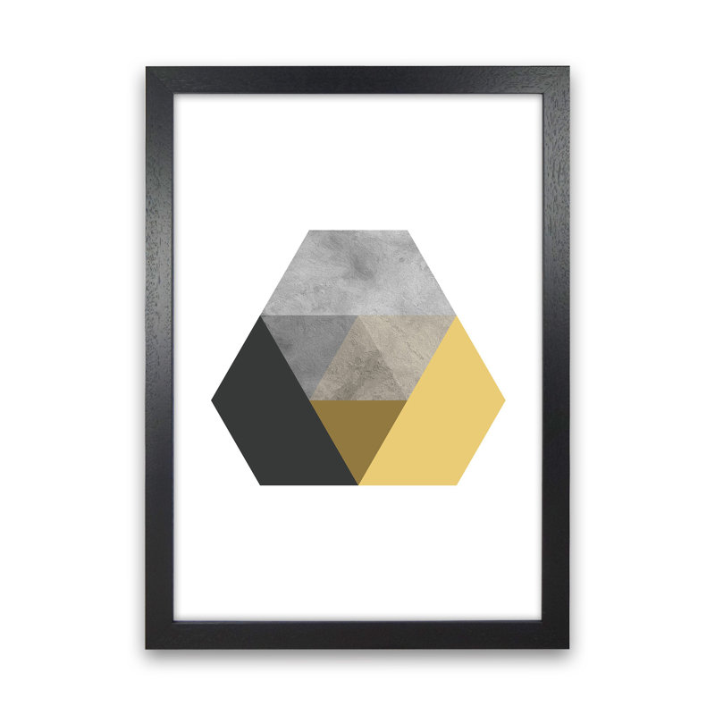 Geometric Mustard And Black Hexagon by Pixy Paper - Print, 84cm H x 59.4cm W x 3cm D, Black Framed
