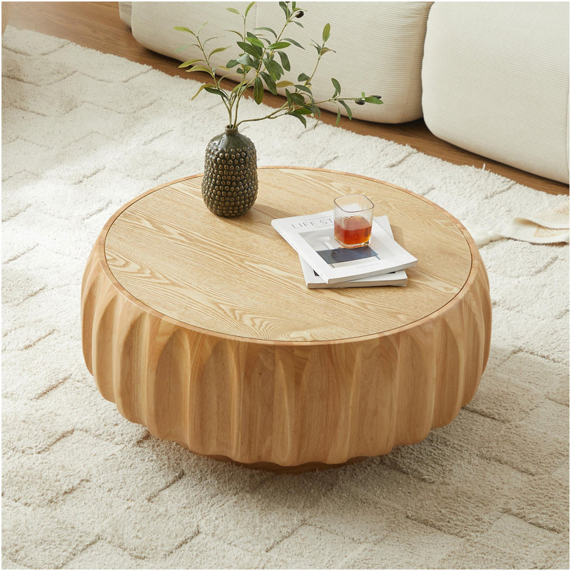 Round Solid Wood Carved Coffee Table With Elegant Sculptural Design, Natural Wood