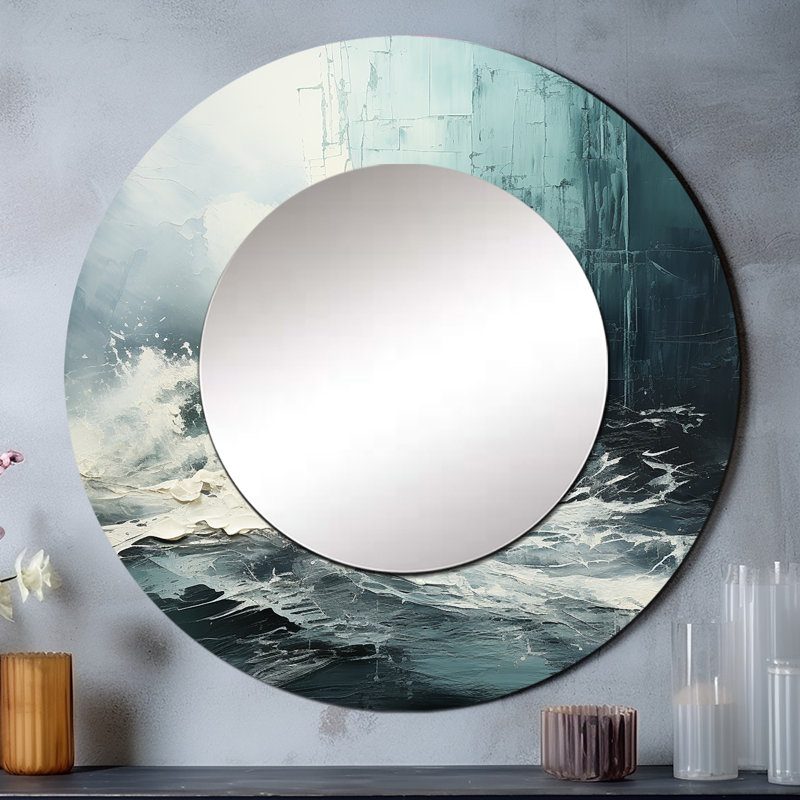 Minimalism Black And White Paint Wave IV - Coastal Decorative Mirror, Coastal Round Wall Mirror, Printed Metal Art, 23" x 23"