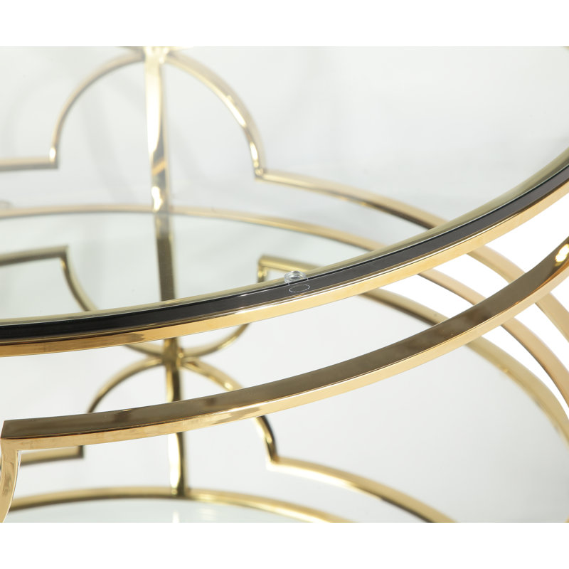 Table basse 39 po avec plateau de rangement en verre trempé et plateau de rangement, Or poli lustré