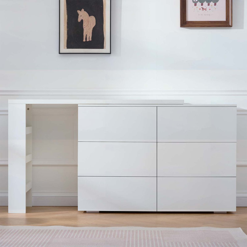 Armoire de rangement 6 tiroirs avec bureau extensible, rangement spacieux et design multifonctionnel