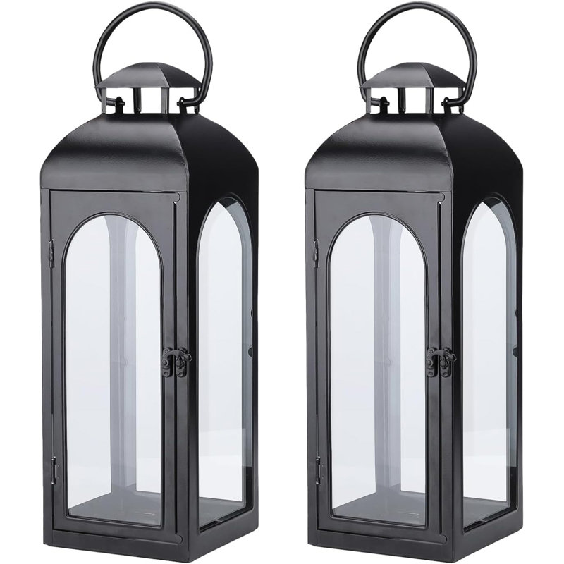 Black Metal Hurricane Lantern with Clear Glass Panels, 2, 20" H x 6.3" W x 6.3" D