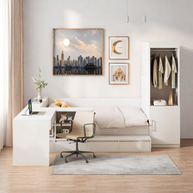 Lit plateforme en bois avec 6 tiroirs, tablettes, bureau et garde-robe, Blanc