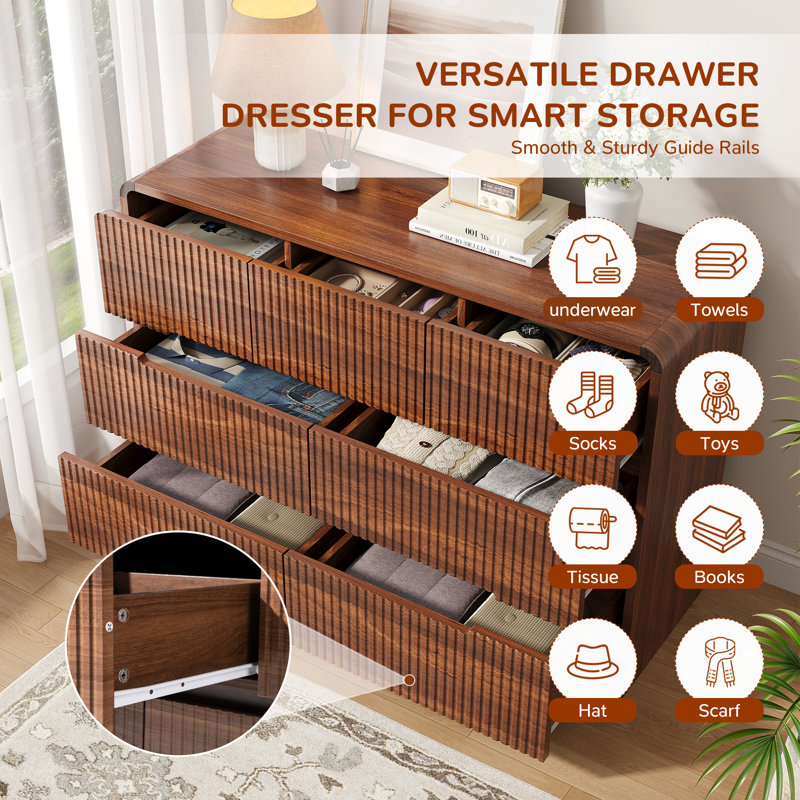 47.3" W 7 Drawer Mid-Century Modern, Wooden Dresser with Curved Profile and Fluted Design					, Walnut
