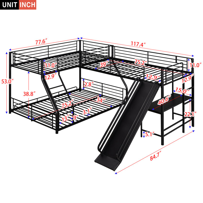 L Shape Triple Bunk Bed With Slide