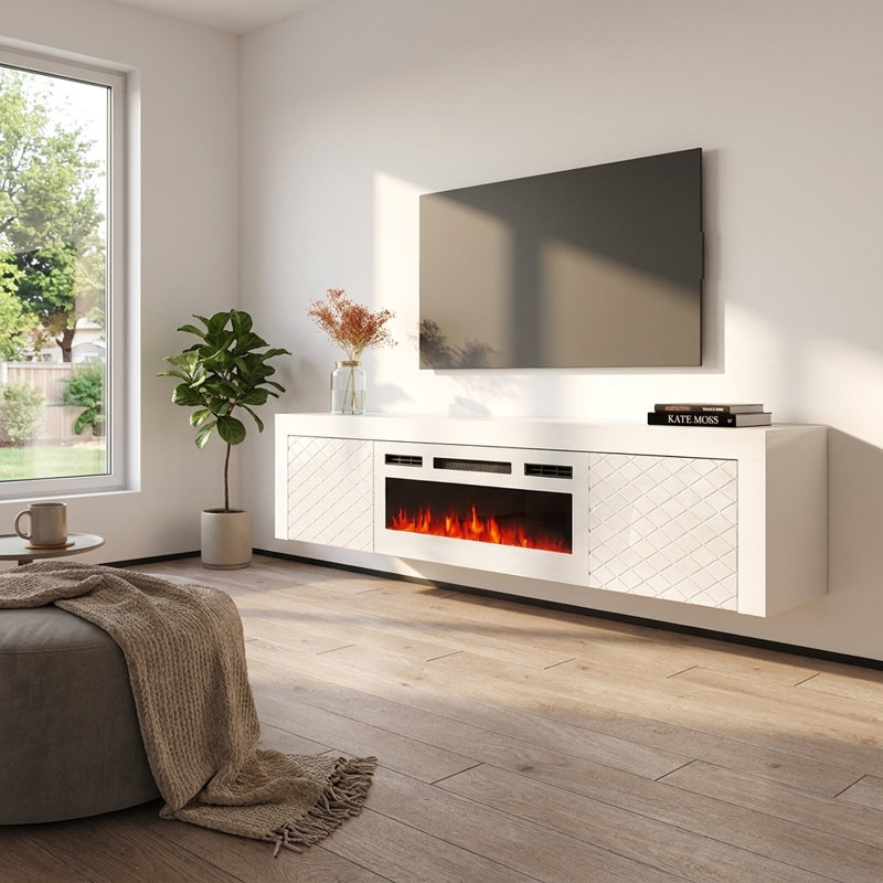Attalla 70.9" Modern TV Stand with Electric Fireplace, High Gloss Finish, Wall-Mounted, White