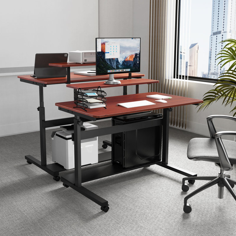 40" L Height Adjustable Computer Table with Hutch, Natural