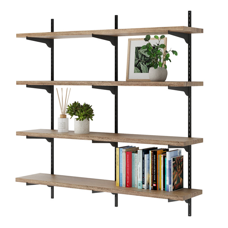 36" Long Floating Bookshelves With Adjustable Bracket, Living Room Shelves, Hanging Shelves For Wall, Real Wood Shelves, Farmhouse & Rustic Decor, 4 Tier, Burnt Board&Black Bracket