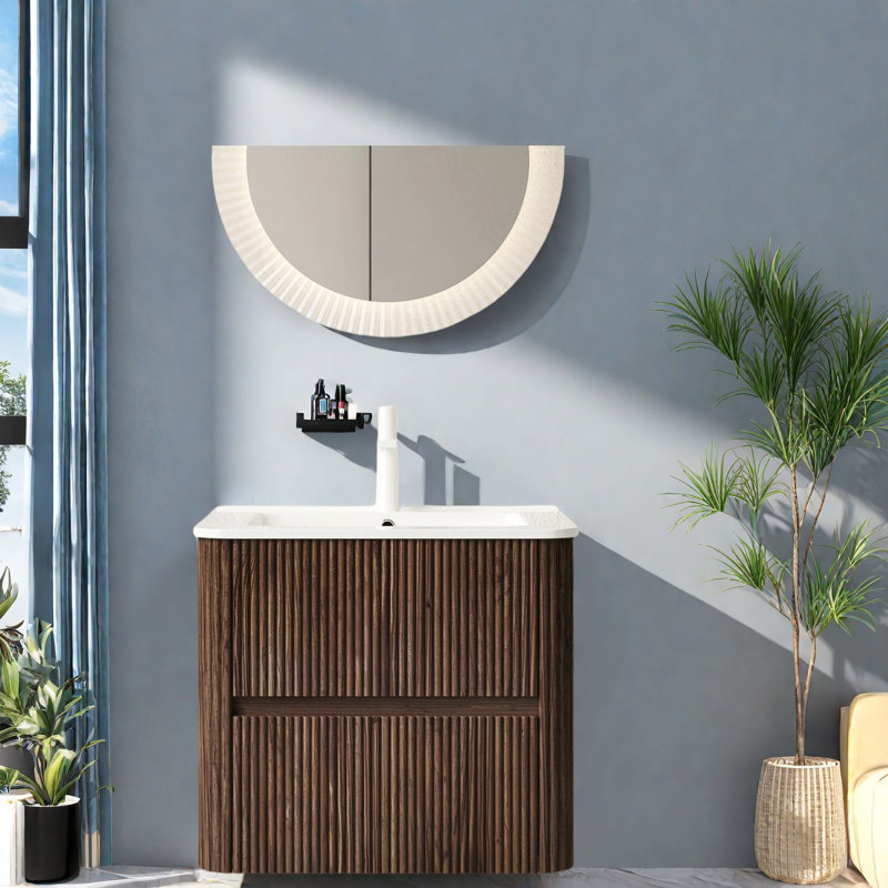 Meuble-lavabo mural moderne avec lavabo, conception en noyer contreplaqué pour salle de bain contemporaine