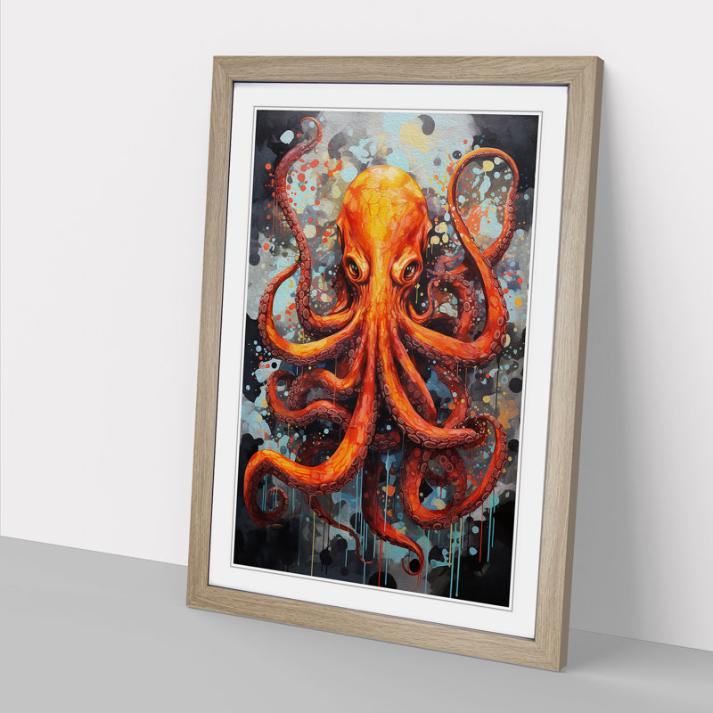 Octopus Modern - Single Picture Frame Print on Wood, 34cm H x 25cm W x 2cm D, Oak 
