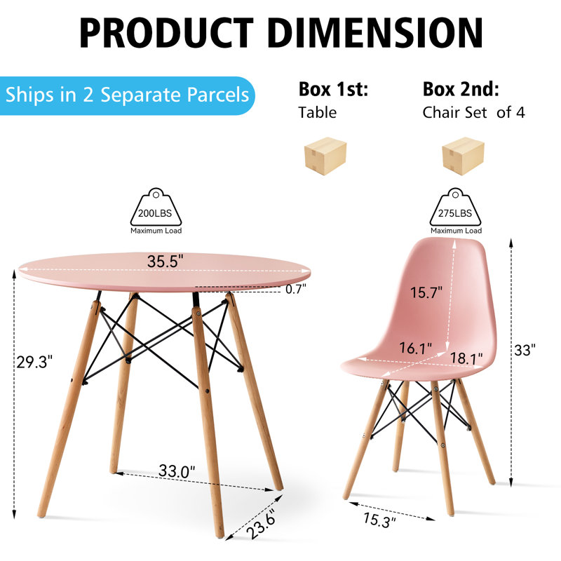 5 Piece Round Dining Table  Set for 4, 35.5" Kitchen Table with Chairs, Pink, Pink, 29.3" H x 35.5" W x 35.5" D, Pink