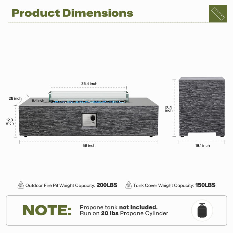  56-Inch Rectangle Magnesium Oxide Gas Fire Pit Table, Includes Tank Cover and Wind Guard, Gray