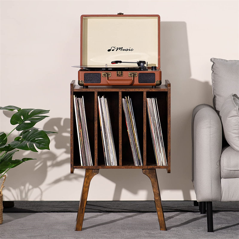 Wooden Record Stand With 4 Cabinets, Mid-Century Vinyl Record