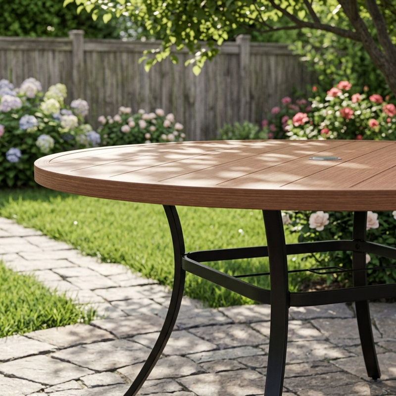 60" Patio Metal Round Dining Table, Walnut